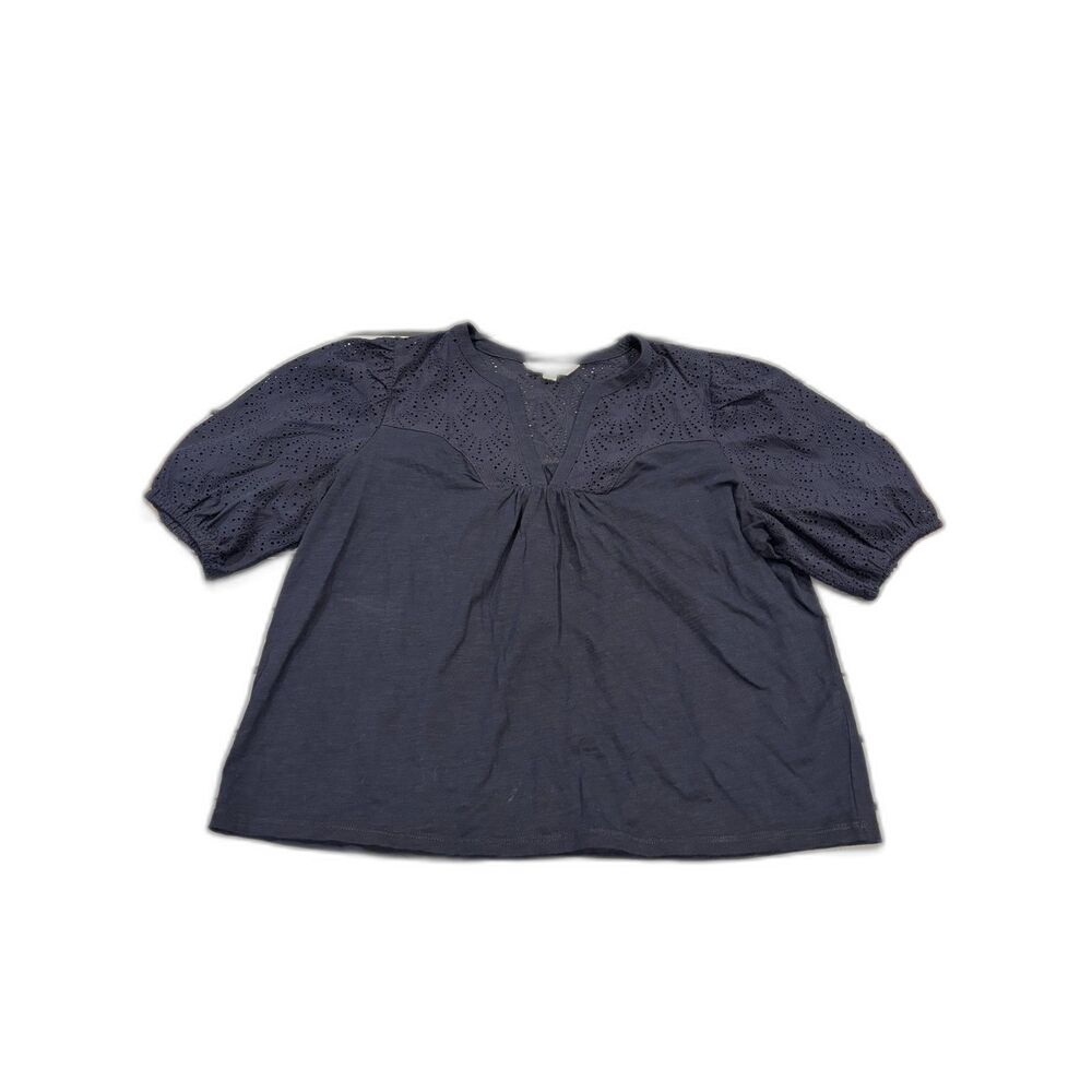 Boden Blouse Womens Size 14 Navy Blue Puff Sleeve Eyelet